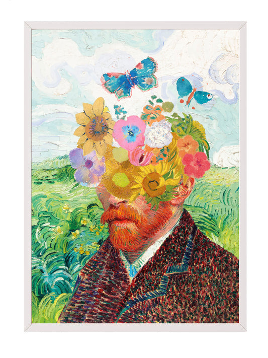 Van Gogh'un çiçek ve kelebeklerle süslenmiş, impressionist tarzda, canlı renkli portre posteri.
