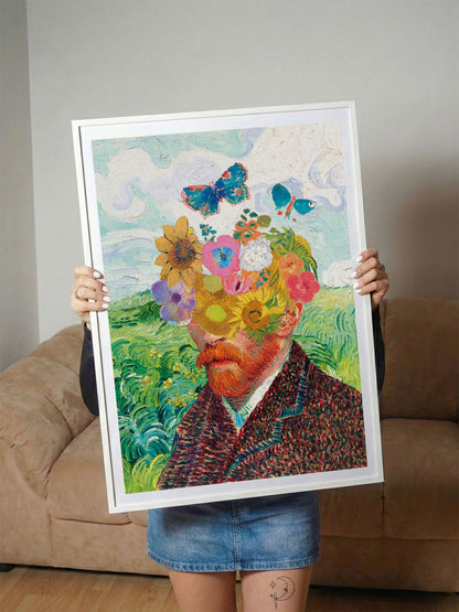 Van Gogh'un çiçek ve kelebeklerle süslenmiş, impressionist tarzda, canlı renkli portre posteri.