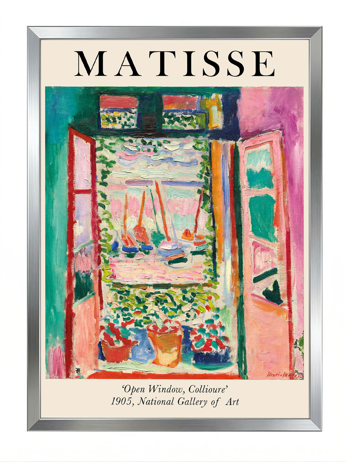 Henri Matisse'in 'Open Window, Collioure' tablosunu gösteren, canlı renkli, Fauvist tarzda pencere manzarası posteri.