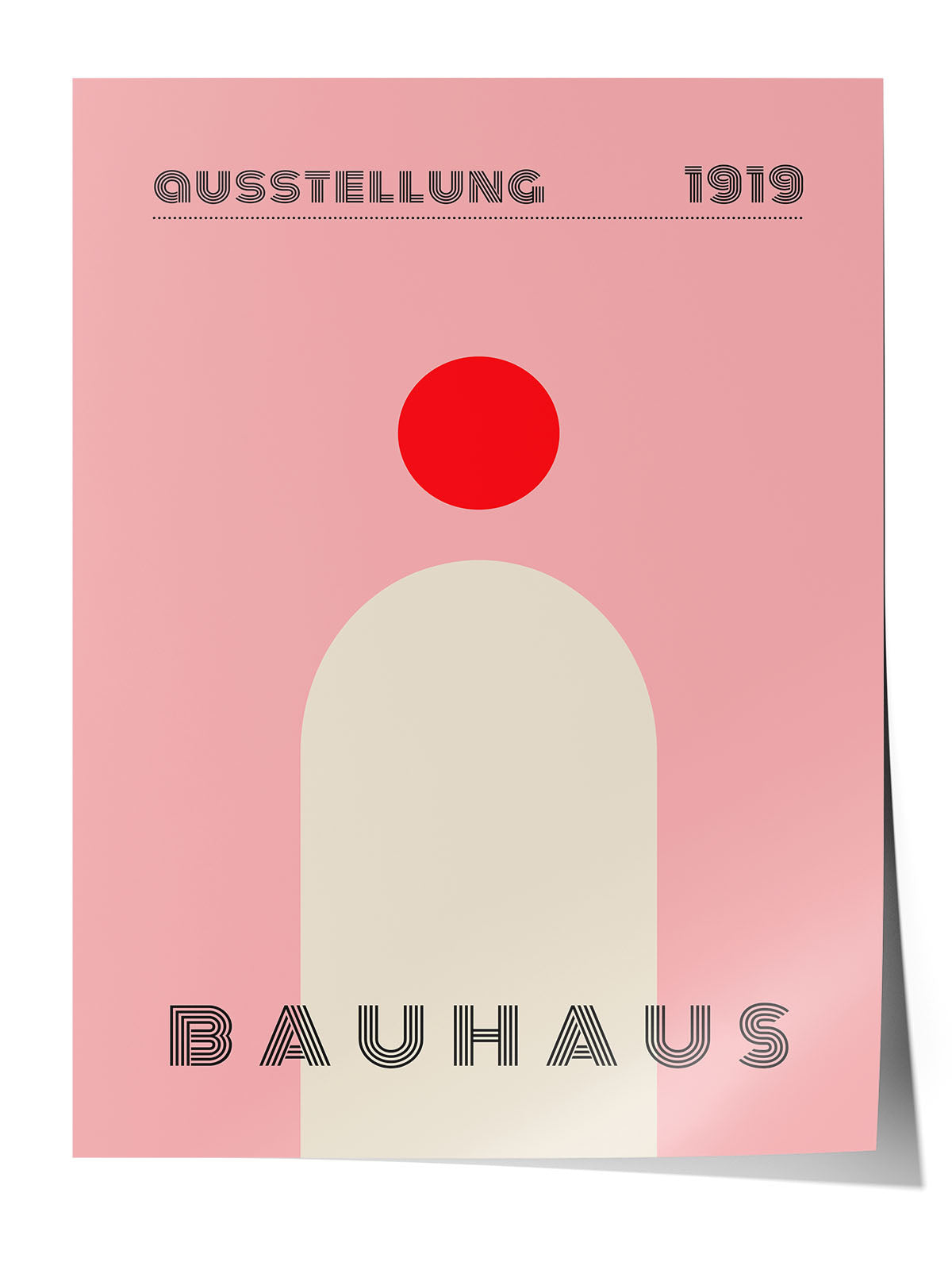 Pembe fon üzerinde kırmızı daire ve krem rengi kemer figürlü, 'Bauhaus 1919' yazılı minimalist poster.