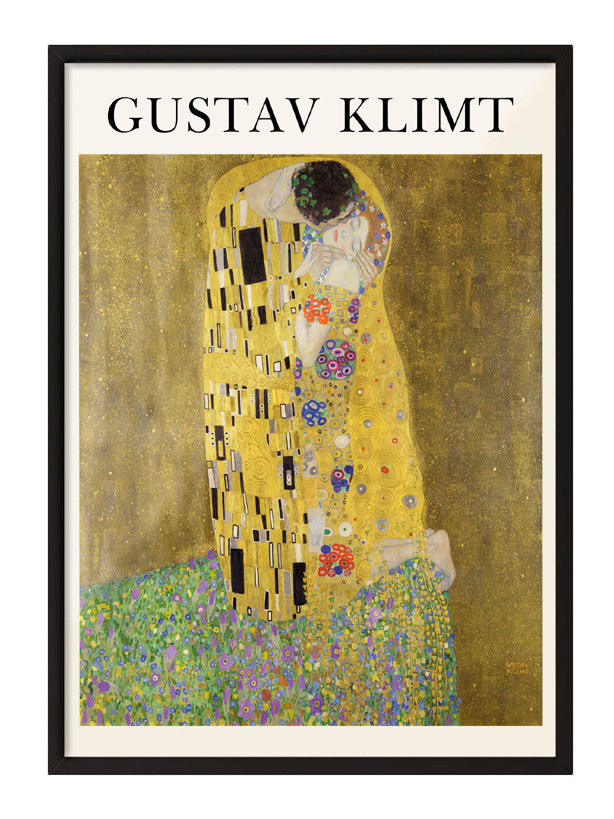Gustav Klimt'in "Öpücük" tablosunun altın ve renkli detaylarla dolu, romantik Art Nouveau tarzı duvar posteri