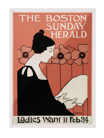 Kiremit rengi fonda, Art Nouveau tarzı siyah elbiseli kadın figürü ve çiçekler içeren Boston Herald vintage posteri.