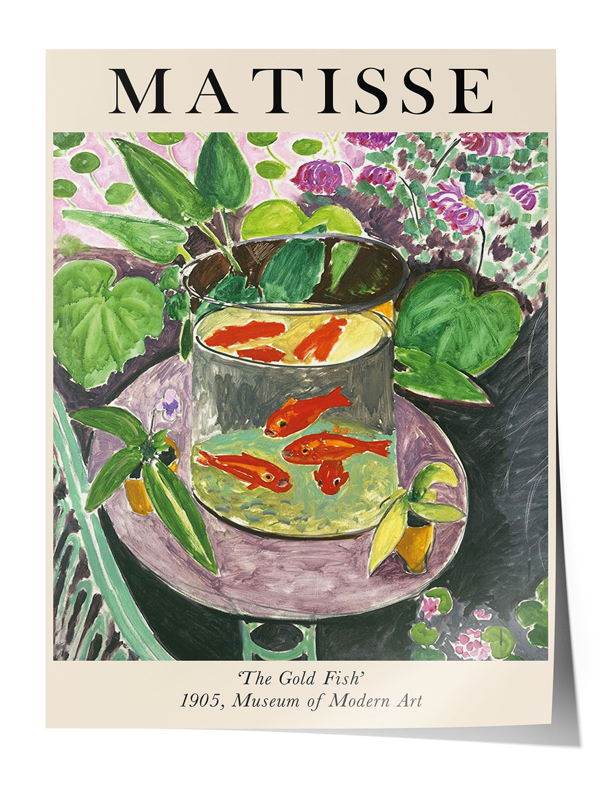 Henri Matisse'in 'The Gold Fish' tablosunu gösteren, canlı turuncu balıklar ve yeşil bitkiler içeren sanatsal poster.