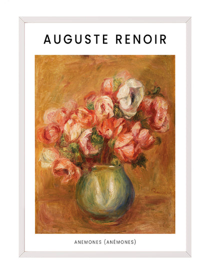 Siyah çerçeveli, Auguste Renoir'in Anemonlar tablosunu gösteren, empresyonist çiçek temalı duvar posteri.