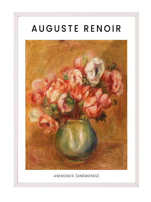 Siyah çerçeveli, Auguste Renoir'in Anemonlar tablosunu gösteren, empresyonist çiçek temalı duvar posteri.