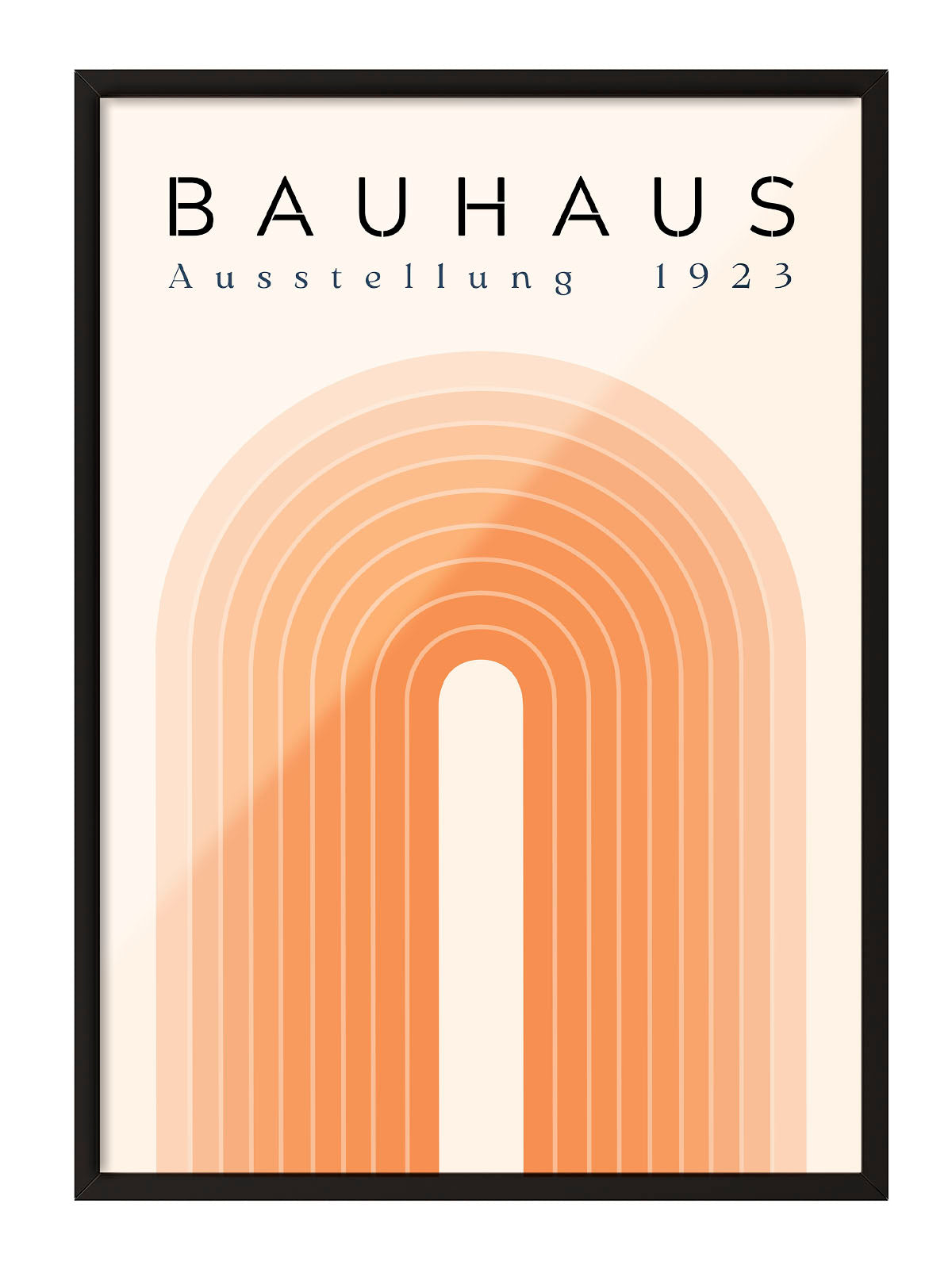 Bauhaus Ausstellung 1923 yazılı, turuncu tonlarında katmanlı kemer deseni içeren modern soyut poster.