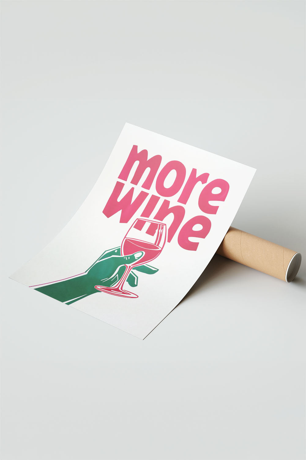 More Wine yazılı, kadeh tutan yeşil el figürlü, pembe ve yeşil renklerde modern çerçeveli poster