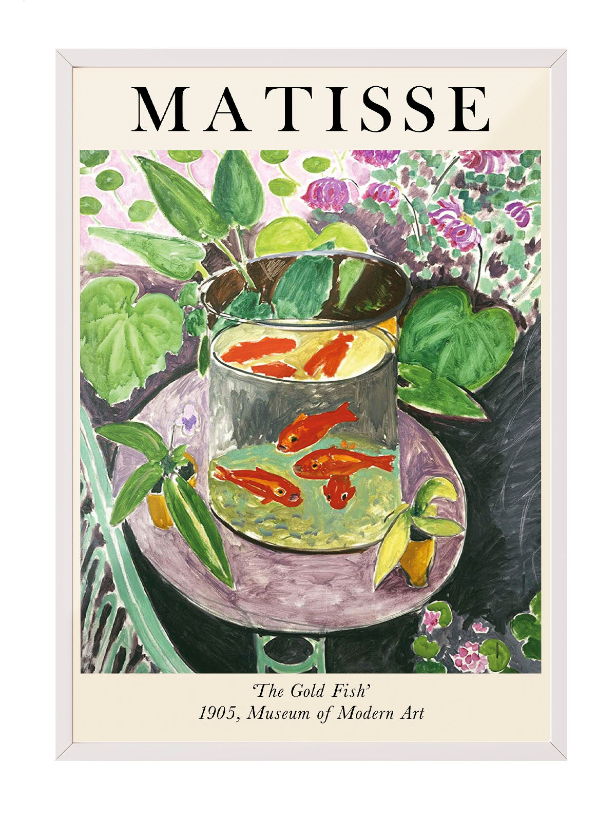 Henri Matisse'in 'The Gold Fish' tablosunu gösteren, canlı turuncu balıklar ve yeşil bitkiler içeren sanatsal poster.