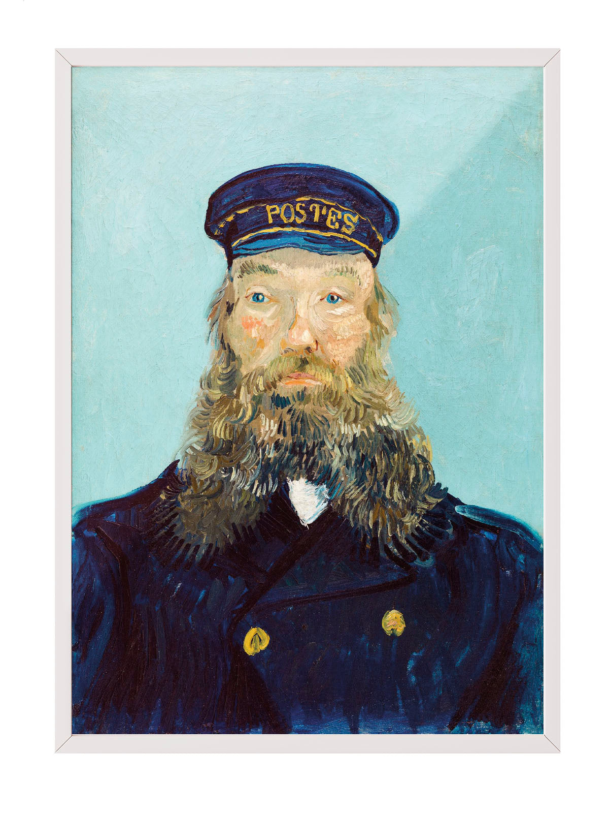 Van Gogh'un Postacı Joseph Roulin portresi, mavi fonlu, sakallı adamın üniformalı detaylı posteri.