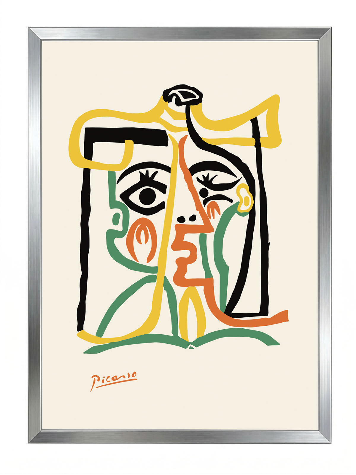 Picasso imzalı, sarı, turuncu, yeşil ve siyah renklerde soyut kübist kadın yüzü posteri.