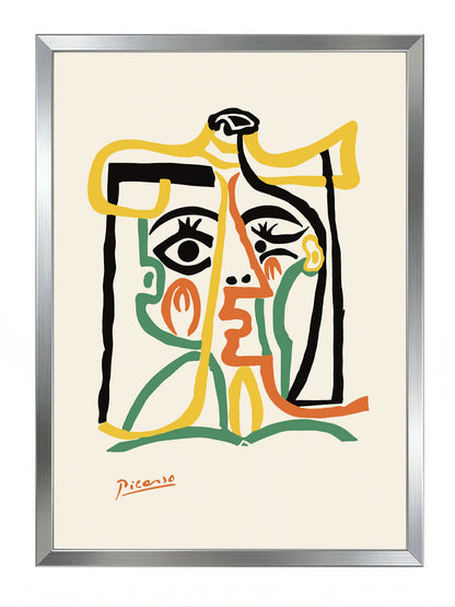 Picasso imzalı, sarı, turuncu, yeşil ve siyah renklerde soyut kübist kadın yüzü posteri.