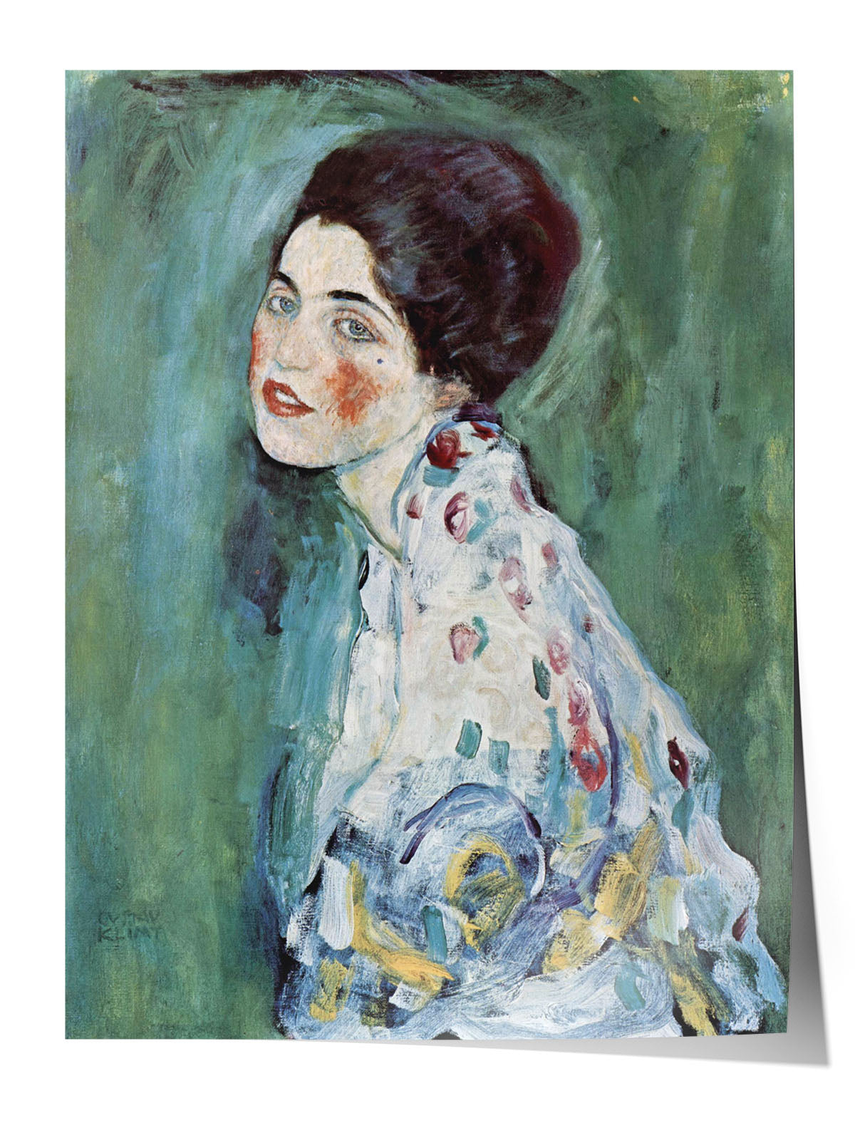 Siyah çerçeveli, Gustav Klimt'in yeşil tonlarda arka plana sahip, renkli fırça darbeleriyle işlenmiş kadın portresi.