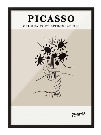 Picasso'nun minimalist çizim stilinde, ellerinde çiçek buketi tutan figürlü bej tonlarında sanatsal poster.