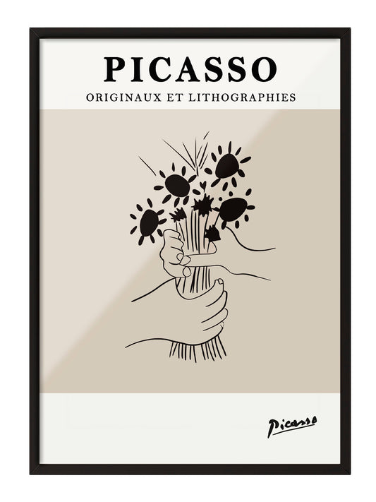 Picasso'nun minimalist çizim stilinde, ellerinde çiçek buketi tutan figürlü bej tonlarında sanatsal poster.