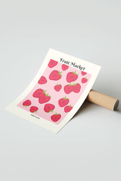 Çerçeveli pembe zeminli, kırmızı çilek desenli 'Fruit Market Barcelona' posteri