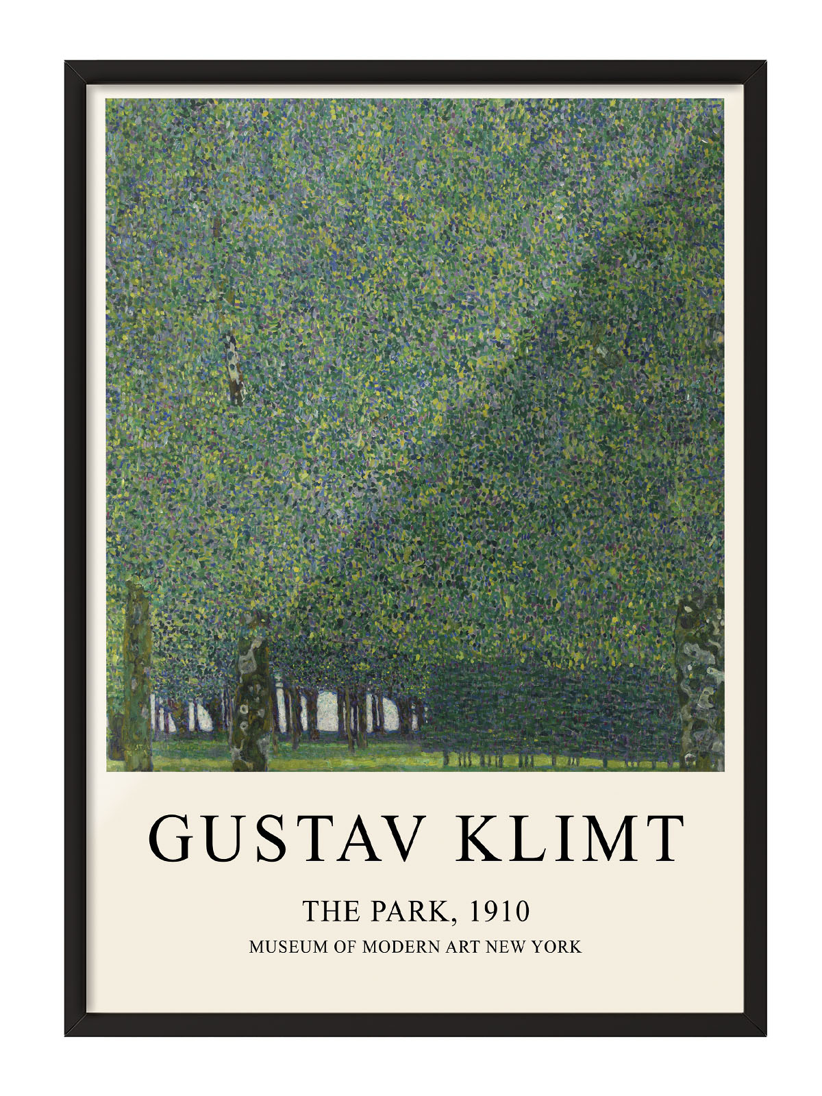 Gustav Klimt'in 'The Park, 1910' tablosunu gösteren, yeşil tonlarında, ağaç motifli modern çerçeveli poster.