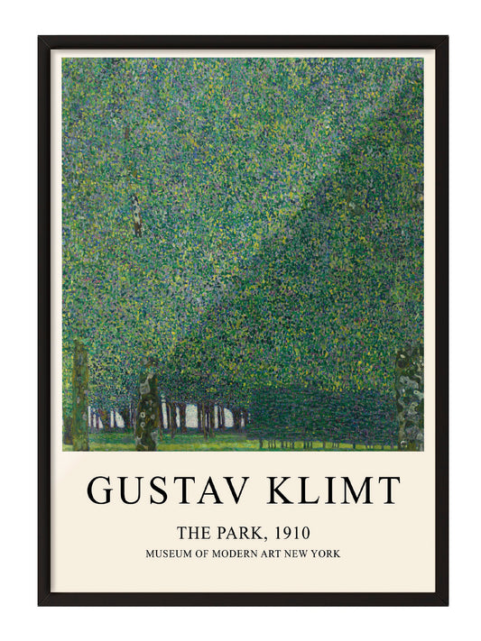 Gustav Klimt'in 'The Park, 1910' tablosunu gösteren, yeşil tonlarında, ağaç motifli modern çerçeveli poster.
