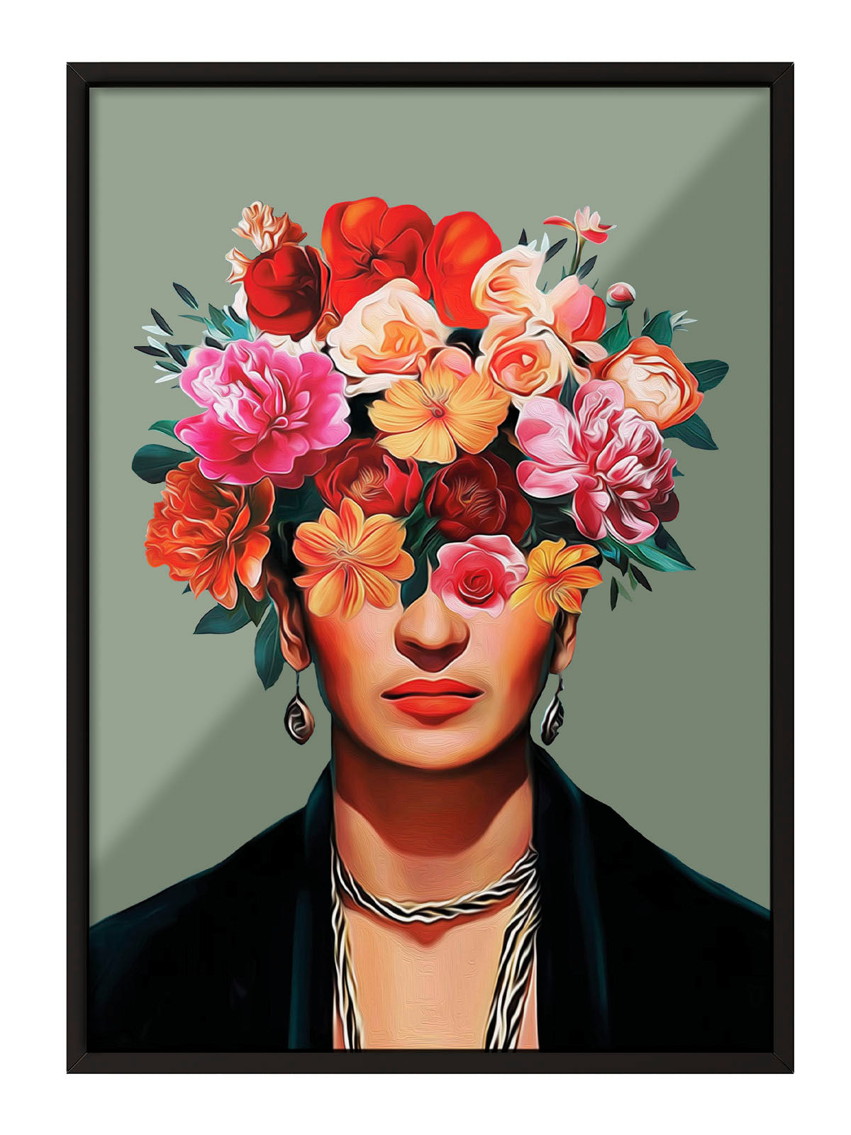 Frida Kahlo'nun yüzünü kapatan canlı pembe, kırmızı, turuncu çiçeklerle modern sanatsal portre posteri.