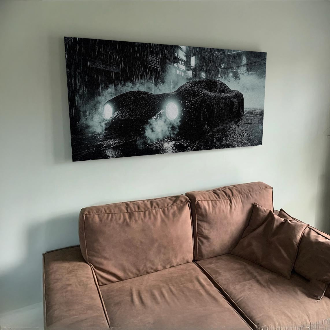 Yağmurlu gece şehirde duran, farları yanan siyah spor araba kanvas tablo, modern ofis dekorasyonu