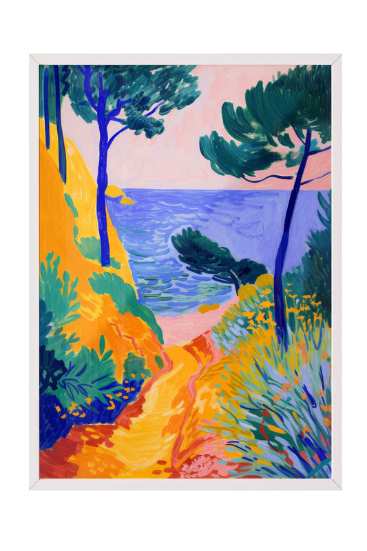 Canlı renklerde Akdeniz sahil manzarası, çam ağaçları ve denize inen patika içeren modern çerçeveli tablo