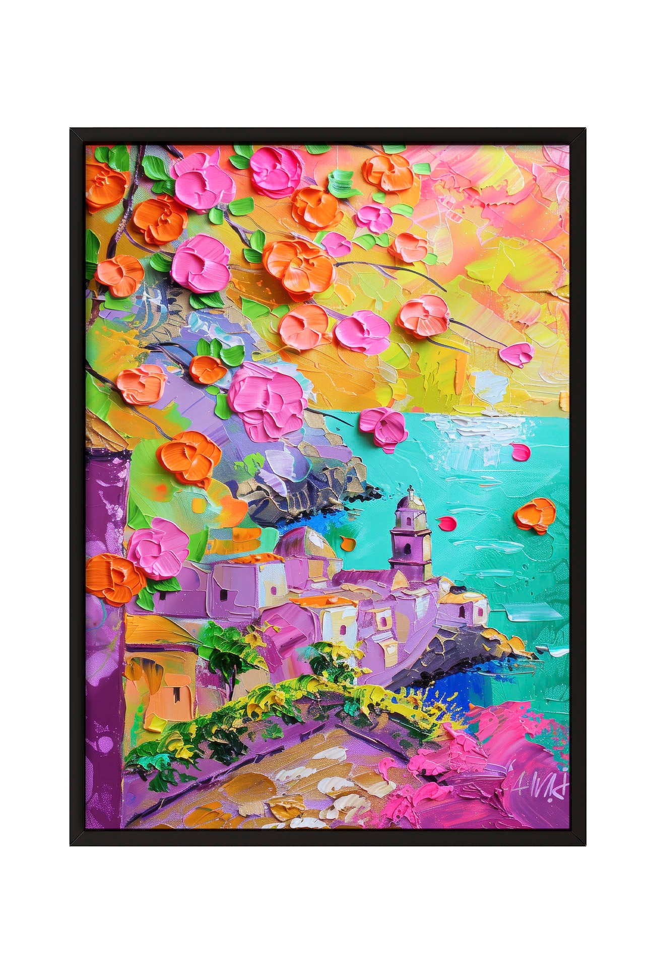 Dokulu fırça darbeleriyle yapılmış, pembe ve turuncu çiçeklerin ön planda olduğu, Akdeniz kasabası ve deniz manzaralı modern çerçeveli tablo.