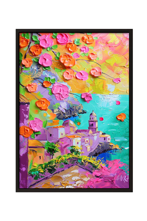 Dokulu fırça darbeleriyle yapılmış, pembe ve turuncu çiçeklerin ön planda olduğu, Akdeniz kasabası ve deniz manzaralı modern çerçeveli tablo.