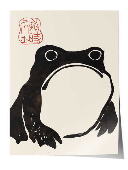 Krem rengi arka planda, dokulu siyah minimalist Japon kurbağa silüeti ve kırmızı mühürlü duvar posteri.