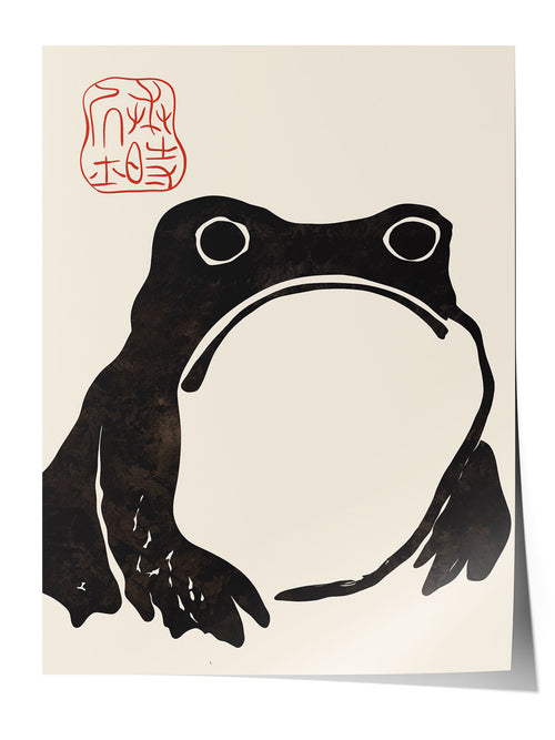 Krem rengi arka planda, dokulu siyah minimalist Japon kurbağa silüeti ve kırmızı mühürlü duvar posteri.