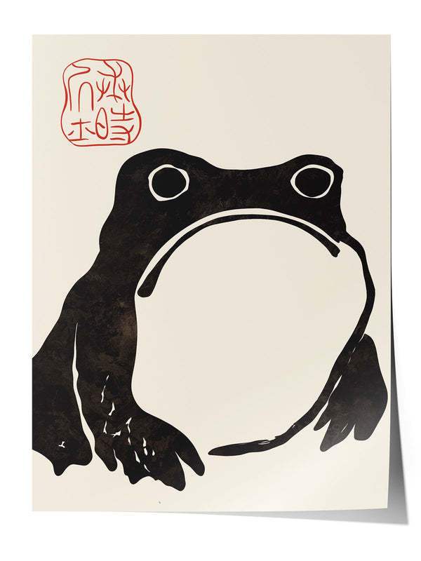 Krem rengi arka planda, dokulu siyah minimalist Japon kurbağa silüeti ve kırmızı mühürlü duvar posteri.