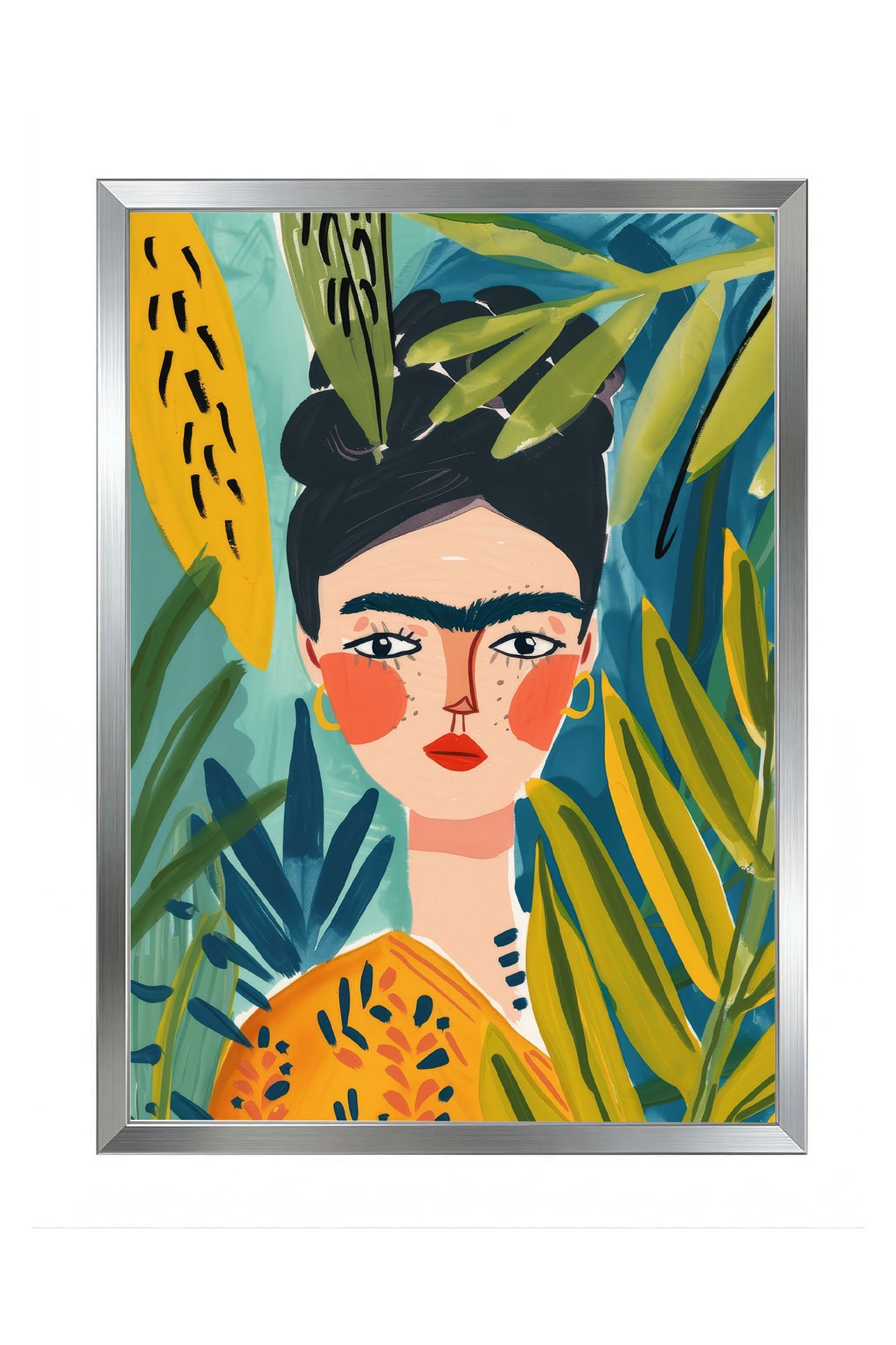 Frida Kahlo tarzı, tropikal yapraklı, renkli kadın portre çerçeveli tablo