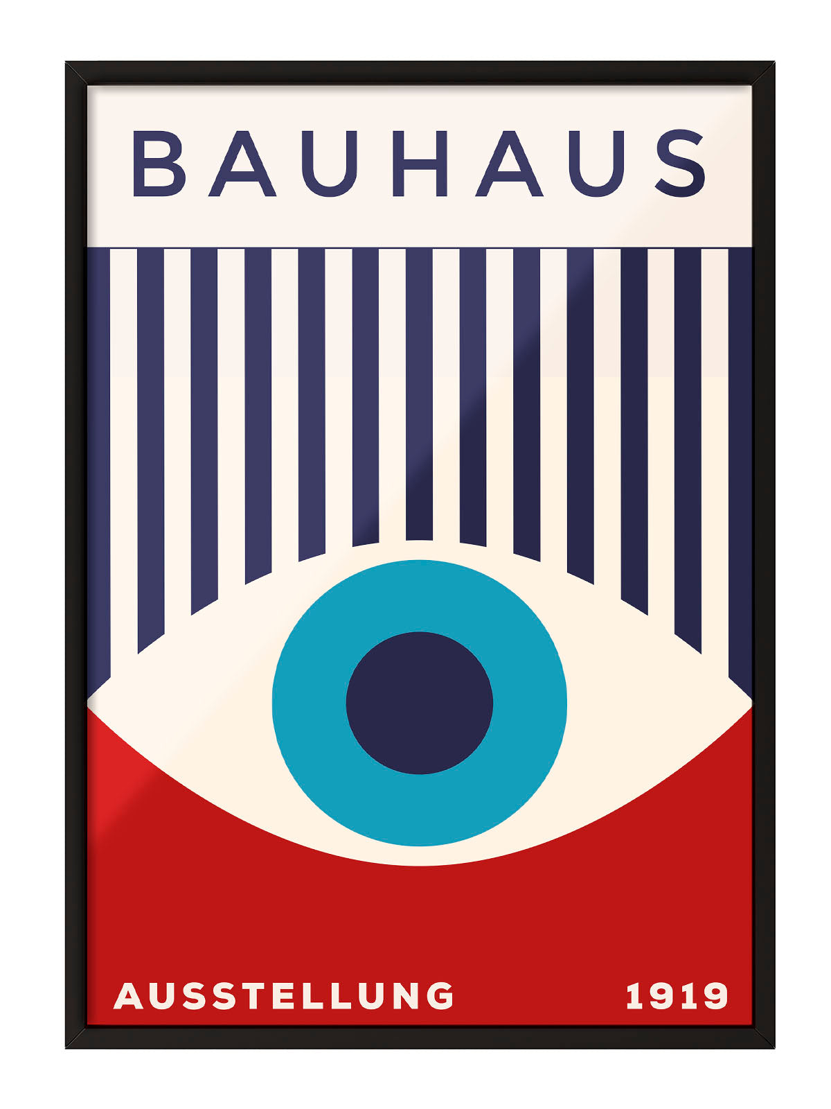 Bauhaus sergi afişi, krem zemin üzerinde lacivert çizgiler, kırmızı alt kısım ve ortada mavi göz figürü.