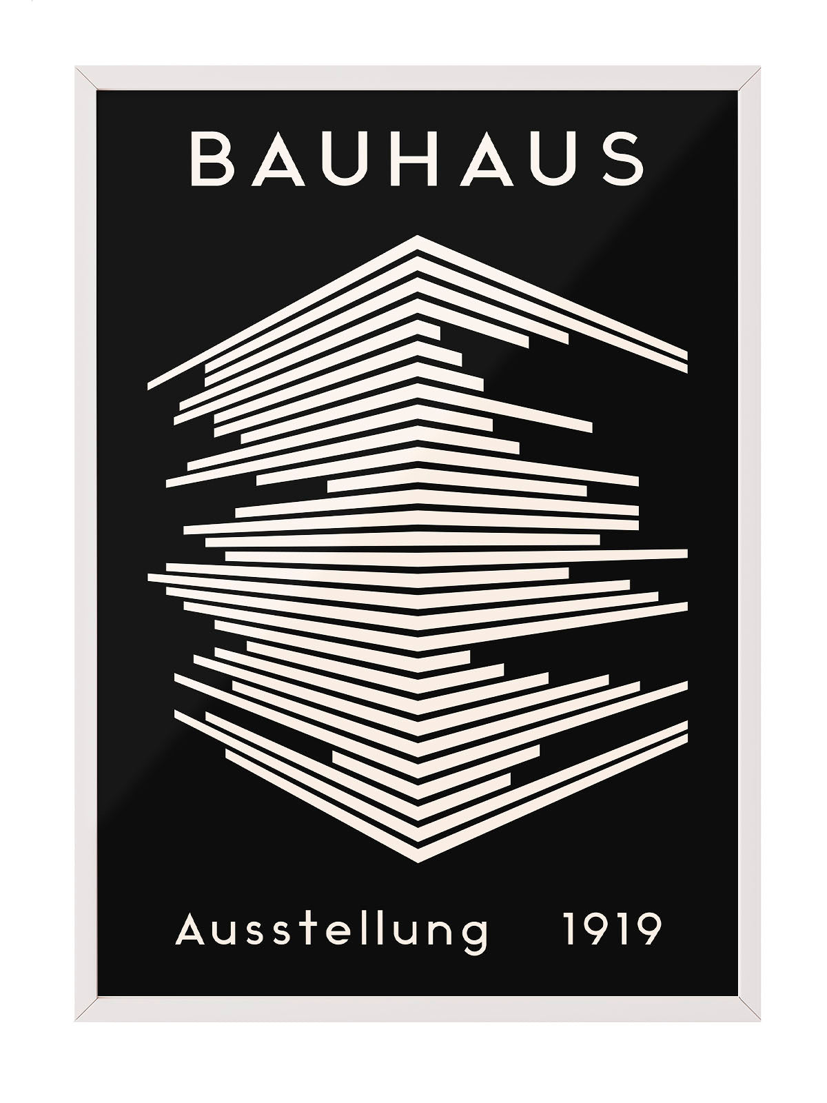 Siyah zemin üzerine beyaz geometrik çizgili, Bauhaus 1919 sergi afişi posteri.