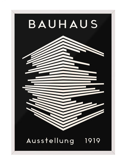 Siyah zemin üzerine beyaz geometrik çizgili, Bauhaus 1919 sergi afişi posteri.