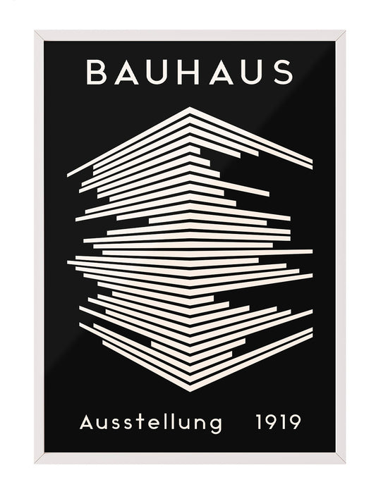 Siyah zemin üzerine beyaz geometrik çizgili, Bauhaus 1919 sergi afişi posteri.