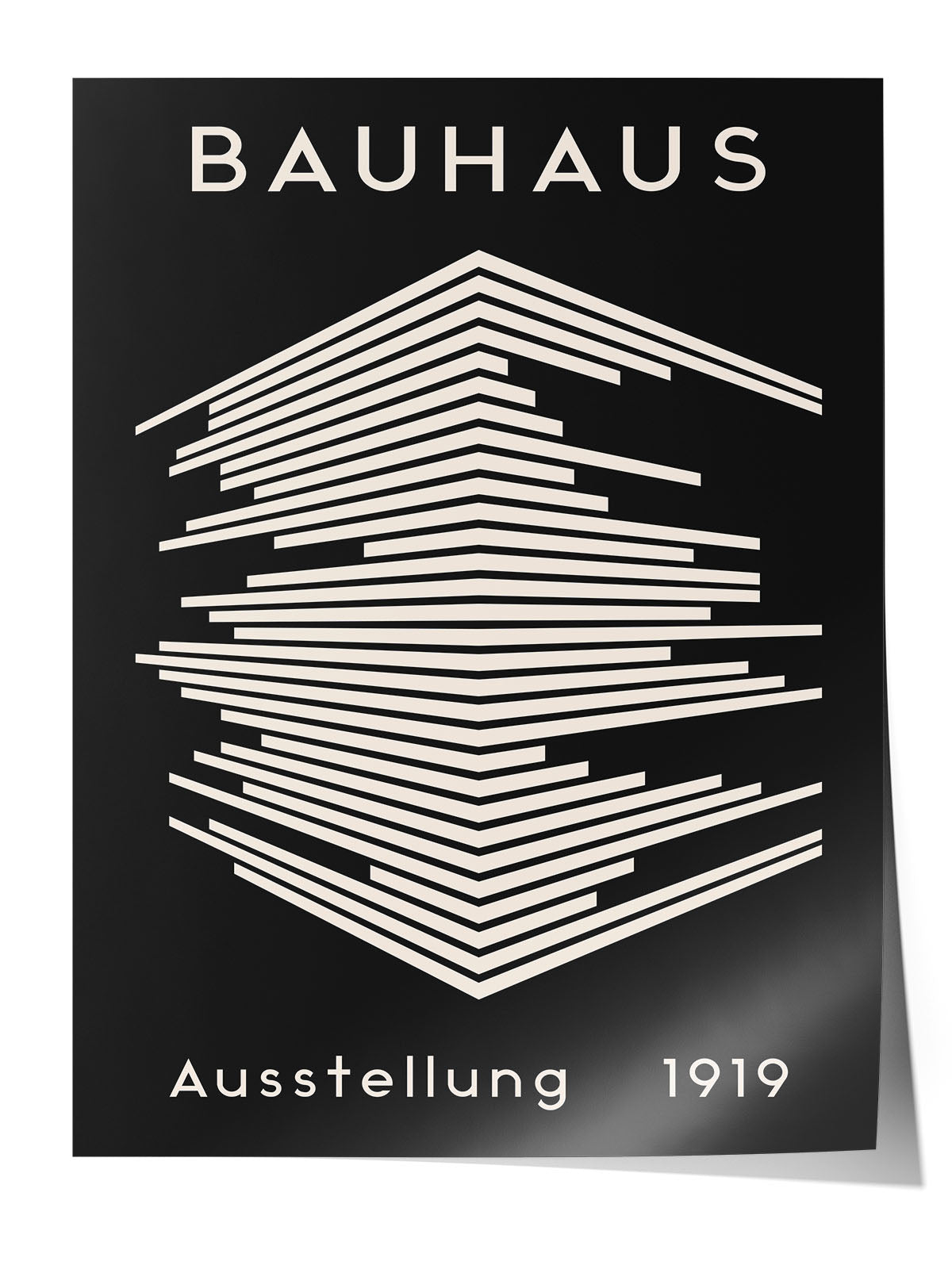 Siyah zemin üzerine beyaz geometrik çizgili, Bauhaus 1919 sergi afişi posteri.