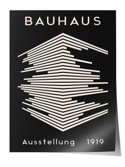 Siyah zemin üzerine beyaz geometrik çizgili, Bauhaus 1919 sergi afişi posteri.