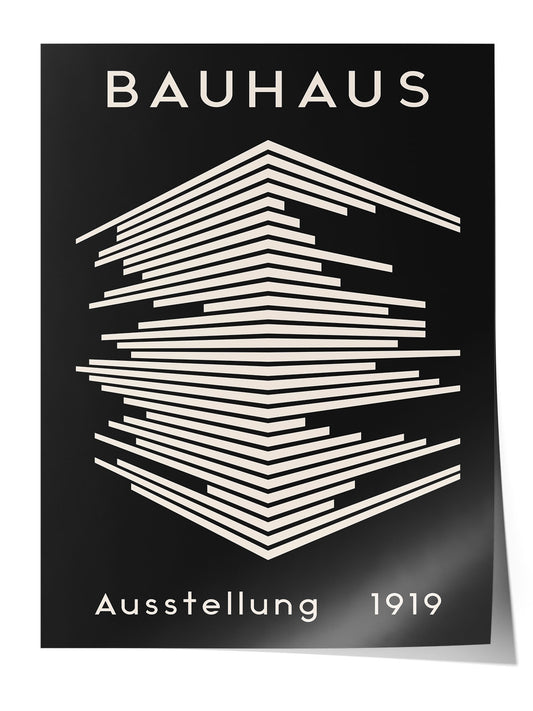 Siyah zemin üzerine beyaz geometrik çizgili, Bauhaus 1919 sergi afişi posteri.
