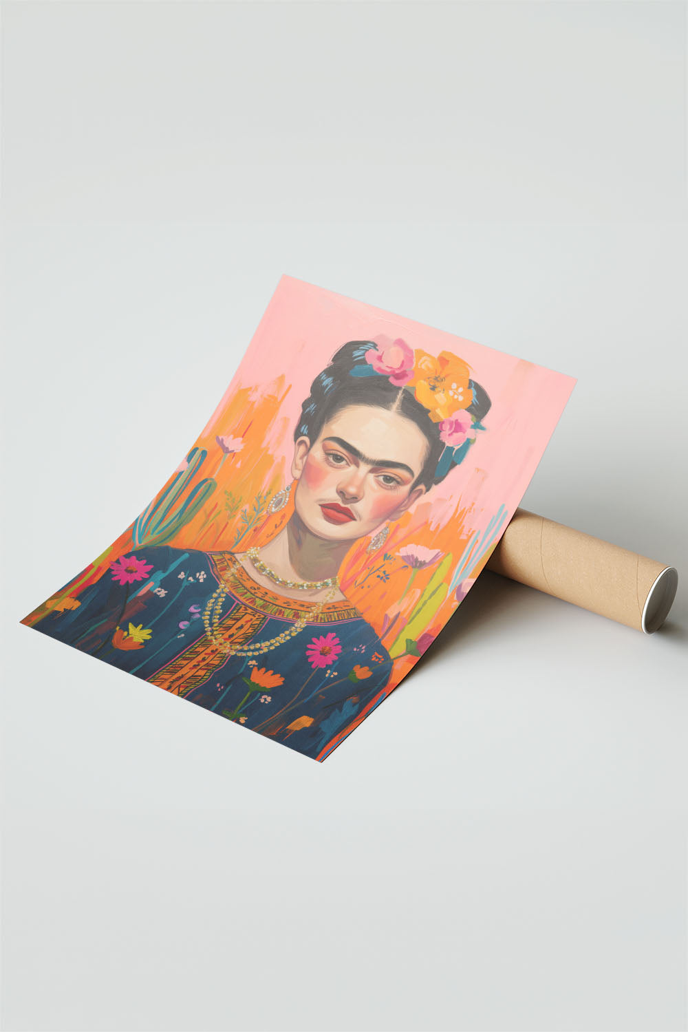 Modern Frida Kahlo portresi, renkli çiçekler ve turuncu pembe arka plan ile siyah çerçeveli tablo