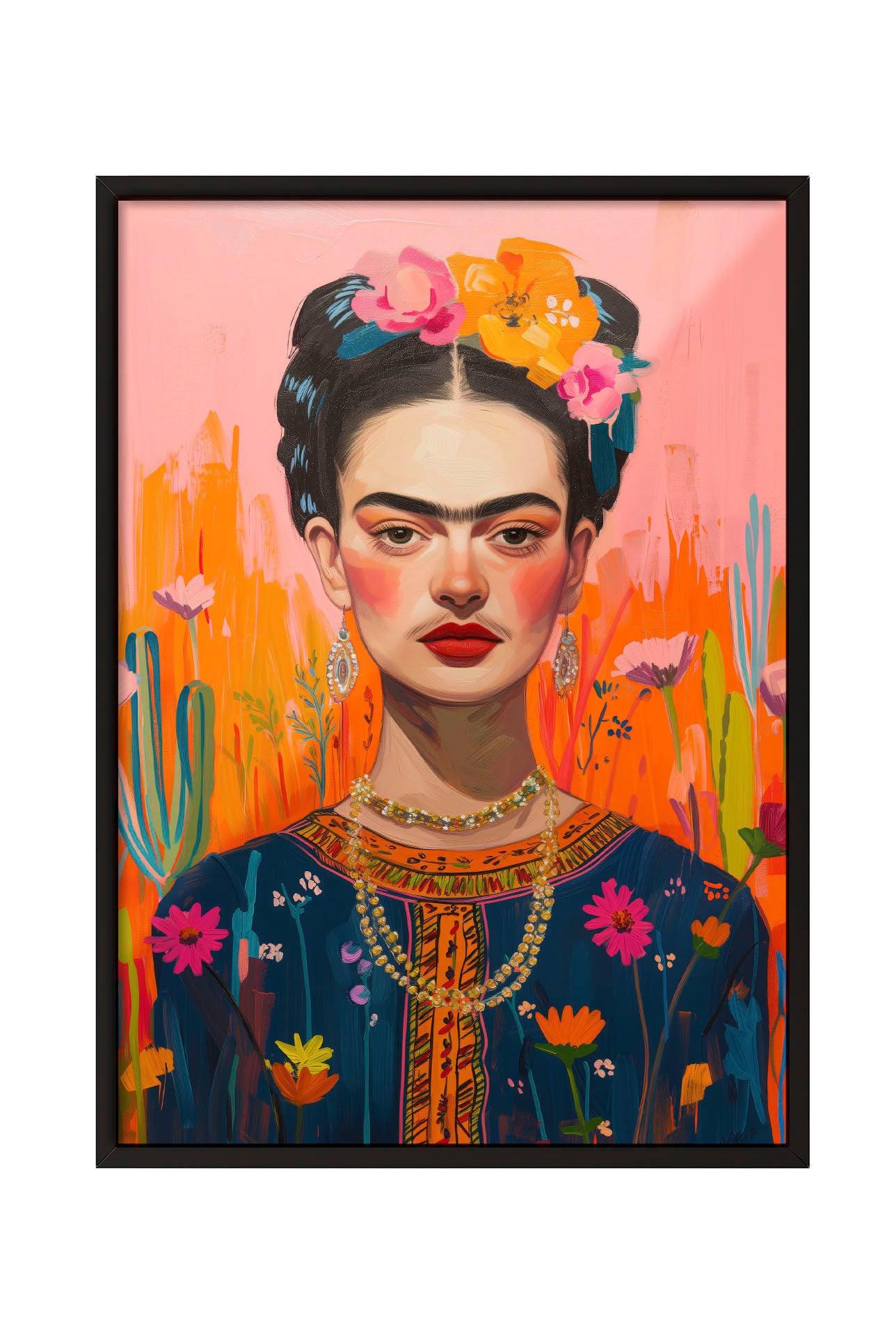 Modern Frida Kahlo portresi, renkli çiçekler ve turuncu pembe arka plan ile siyah çerçeveli tablo