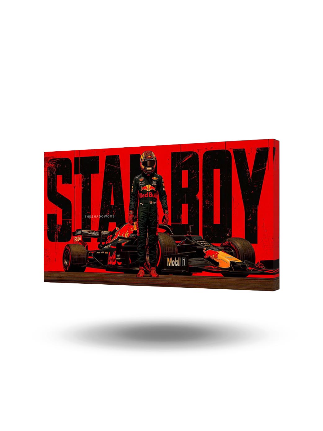 Kırmızı arka planda 'STARBOY' yazısı önünde F1 pilotu Max Verstappen ve Red Bull yarış arabası kanvas tablo.