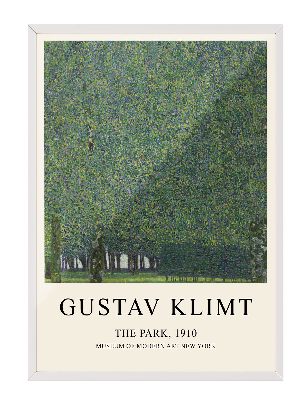 Gustav Klimt'in 'The Park, 1910' tablosunu gösteren, yeşil tonlarında, ağaç motifli modern çerçeveli poster.