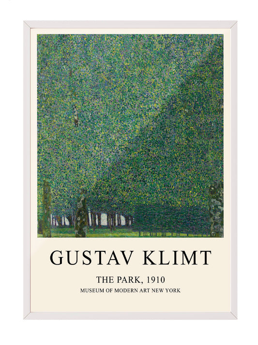 Gustav Klimt'in 'The Park, 1910' tablosunu gösteren, yeşil tonlarında, ağaç motifli modern çerçeveli poster.