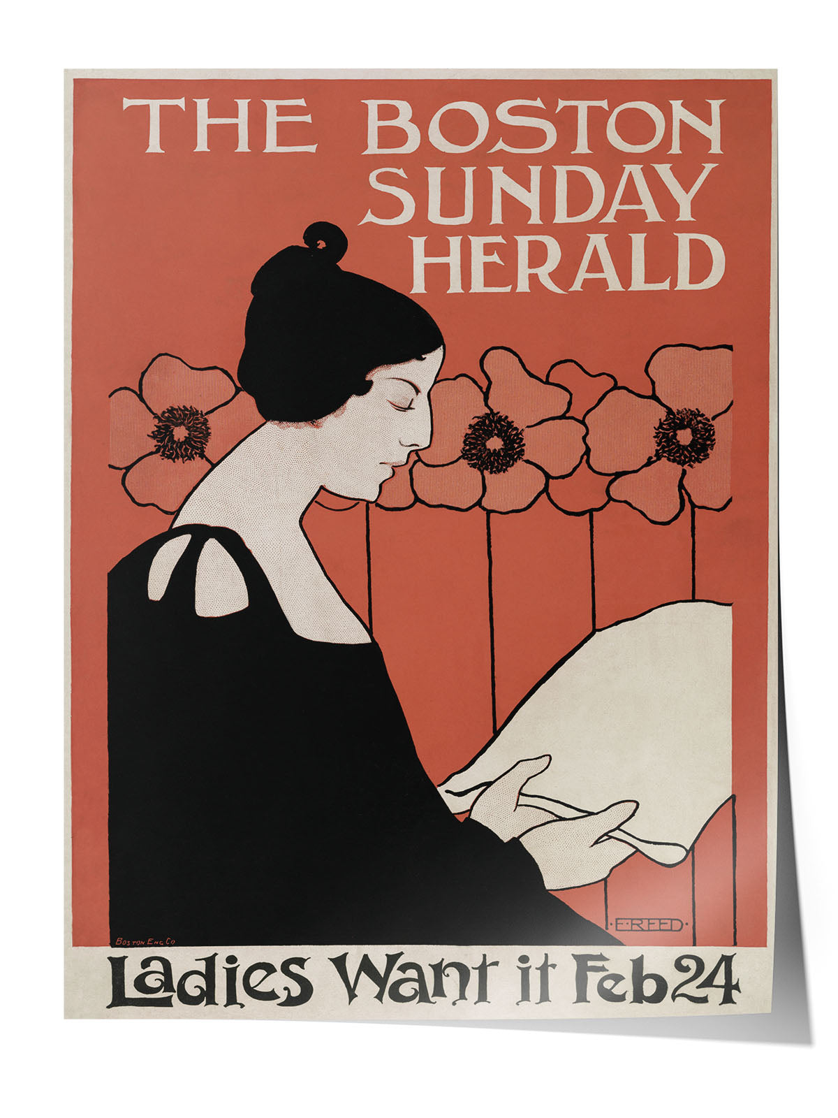 Kiremit rengi fonda, Art Nouveau tarzı siyah elbiseli kadın figürü ve çiçekler içeren Boston Herald vintage posteri.