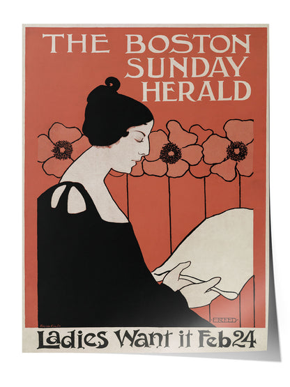 Kiremit rengi fonda, Art Nouveau tarzı siyah elbiseli kadın figürü ve çiçekler içeren Boston Herald vintage posteri.