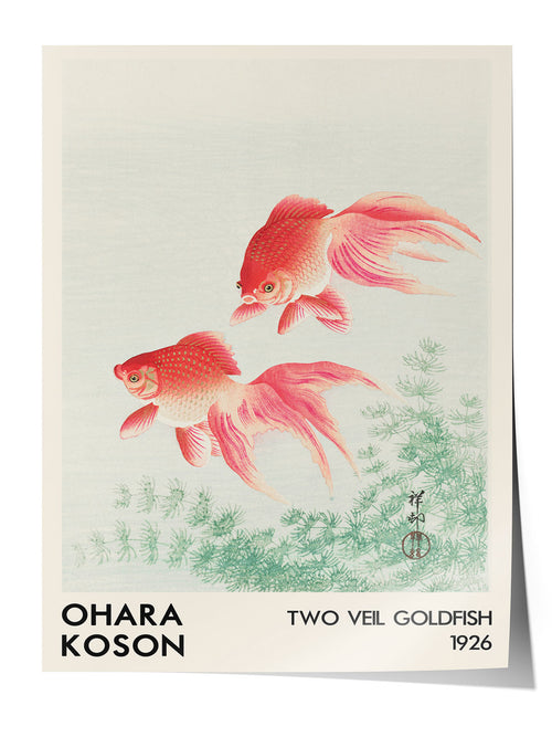 Ohara Koson'un 1926 tarihli, iki pembe tül kuyruk Japon balığı ve yeşil su bitkileri içeren sanatsal posteri.