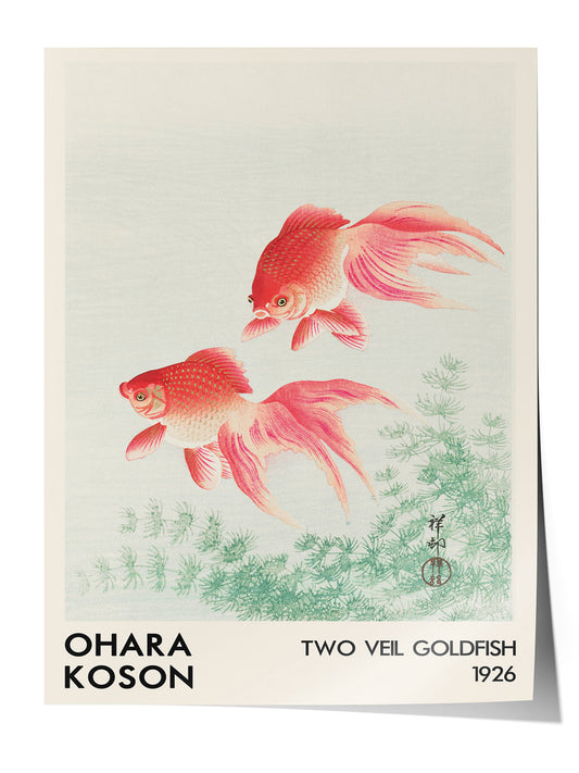 Ohara Koson'un 1926 tarihli, iki pembe tül kuyruk Japon balığı ve yeşil su bitkileri içeren sanatsal posteri.