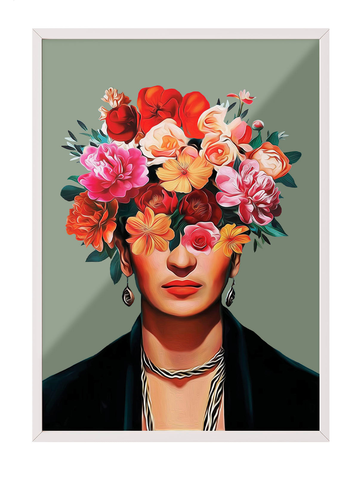 Frida Kahlo'nun yüzünü kapatan canlı pembe, kırmızı, turuncu çiçeklerle modern sanatsal portre posteri.