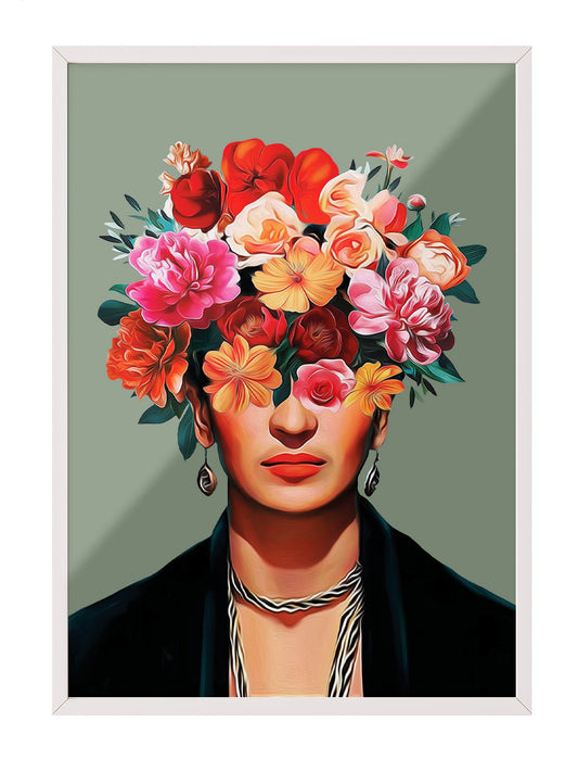 Frida Kahlo'nun yüzünü kapatan canlı pembe, kırmızı, turuncu çiçeklerle modern sanatsal portre posteri.