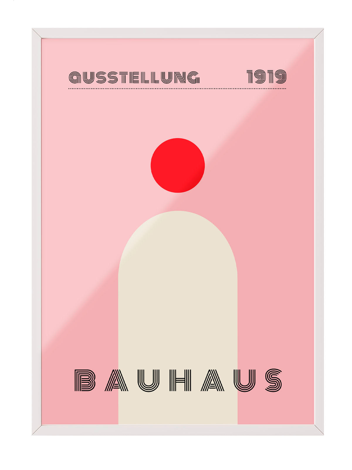Pembe fon üzerinde kırmızı daire ve krem rengi kemer figürlü, 'Bauhaus 1919' yazılı minimalist poster.