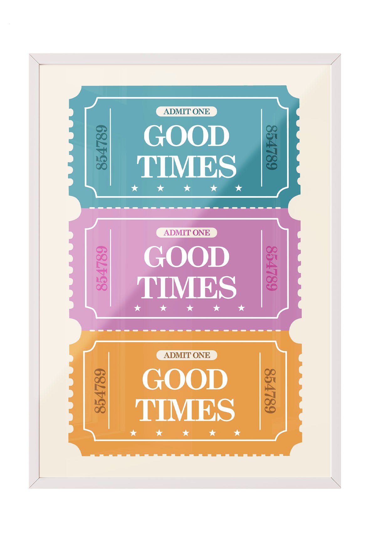 Mavi, pembe ve turuncu renklerde 'Good Times' yazılı retro bilet desenli çerçeveli poster